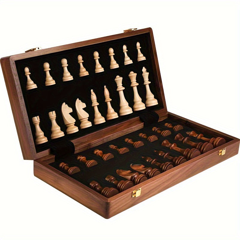 Unisex wooden chess set with a collapsible board & full set of chess pieces, ideal for home or travel fun.
