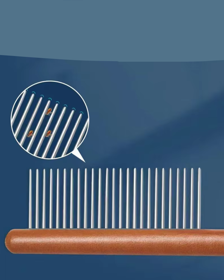 Wooden flea comb with ergonomic handle, natural grooming tool for cats and dogs, essential pet care product