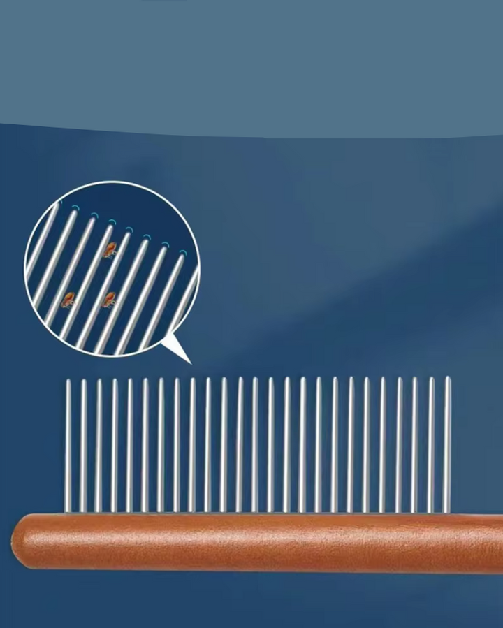 Wooden flea comb with ergonomic handle, natural grooming tool for cats and dogs, essential pet care product