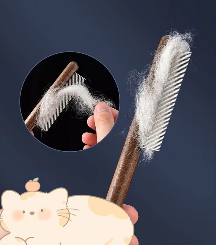 Set of pet grooming tools, including a wooden flea comb for effective flea removal and coat detangling