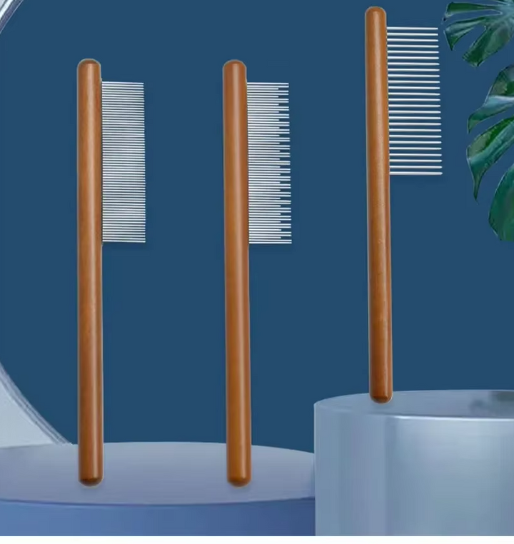 Owner gently combing pet's fur with a wooden flea comb, natural grooming for healthy coat and flea prevention