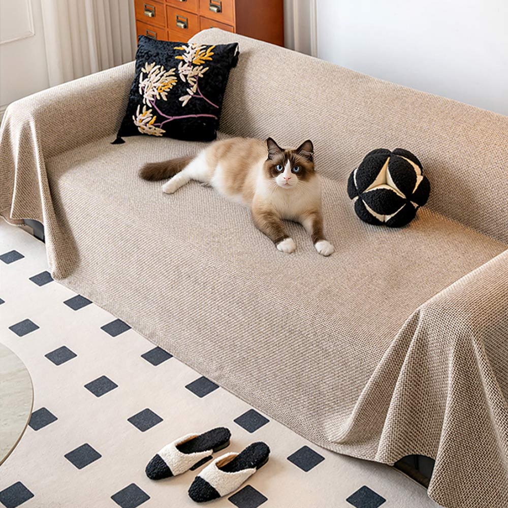 Unisex woven linen-look couch cover in a neutral tone, pet-friendly and scratch-resistant for home decor.
