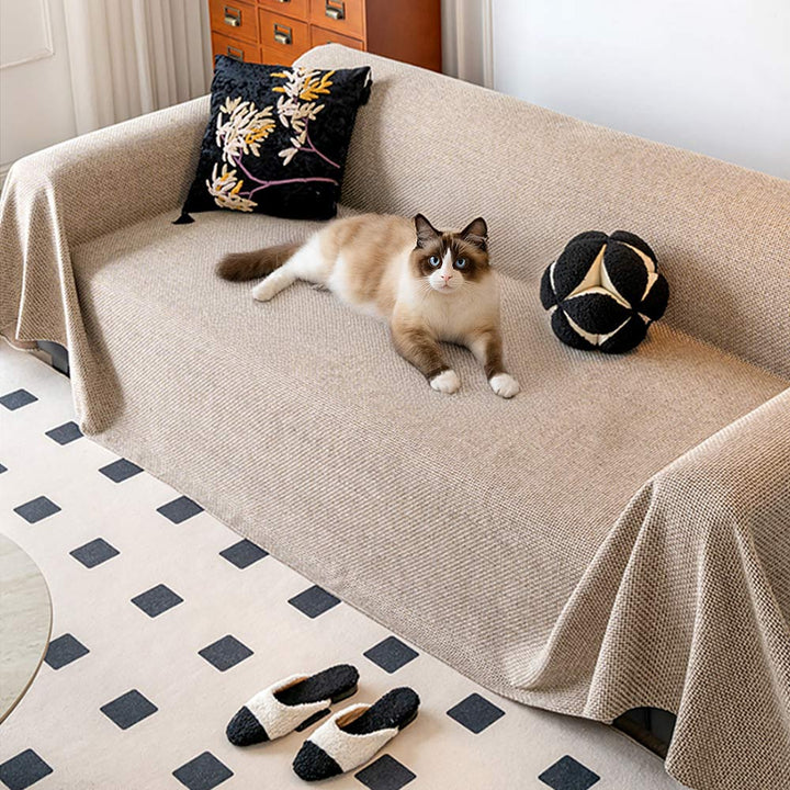Unisex woven linen-look couch cover in a neutral tone, pet-friendly and scratch-resistant for home decor.