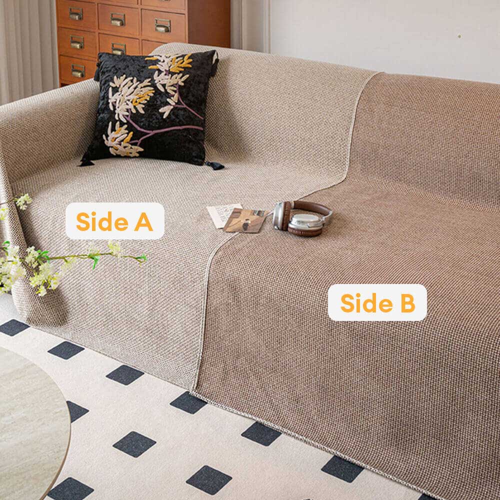 Beige linen-look couch cover for pets, scratch-resistant and breathable, a minimalist furniture protector.