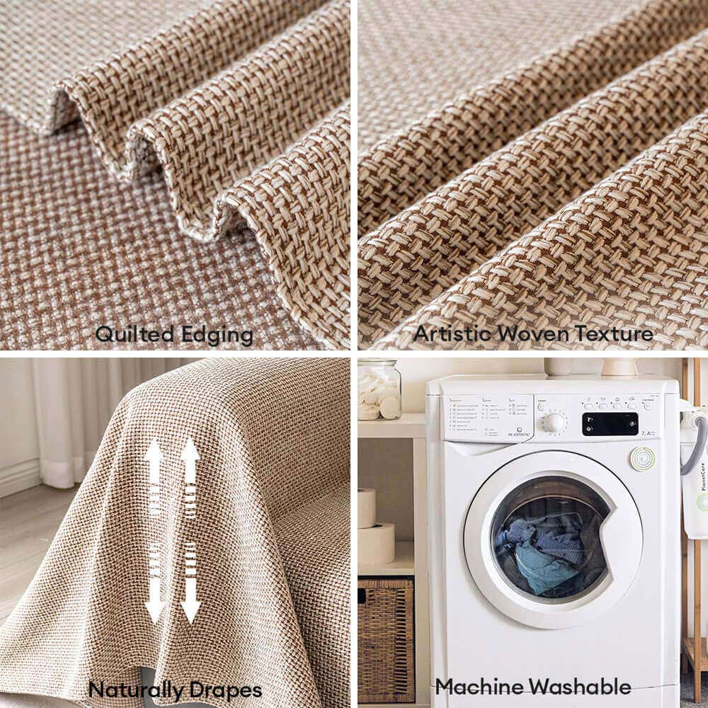Close-up of woven linen-look couch cover texture, highlighting pet-friendly and durable fabric.