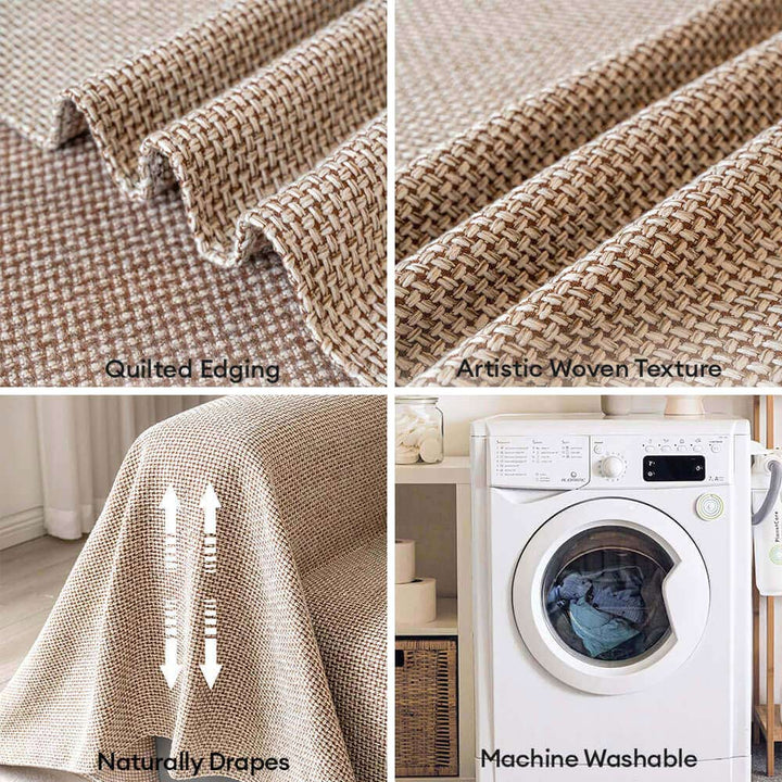 Close-up of woven linen-look couch cover texture, highlighting pet-friendly and durable fabric.