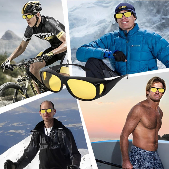 Close-up of anti-glare yellow tint driving glasses, perfect for night driving & vision enhancement. Eye protection.