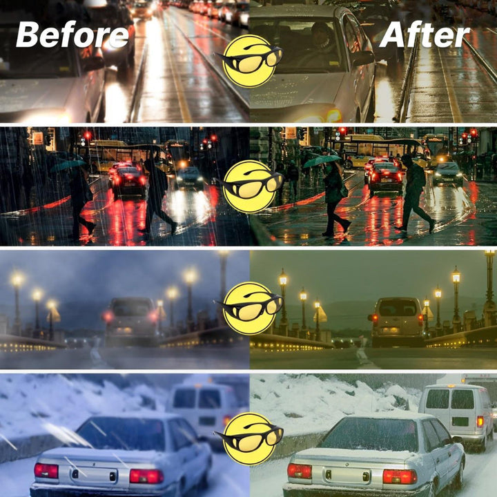 Pair of yellow tint driving glasses with anti-glare lenses, designed for reduced glare & road safety. Unisex.
