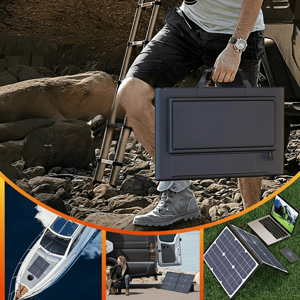 Foldable 1000W solar panel charger. Ideal for camping, adventure tech, and reliable outdoor power.