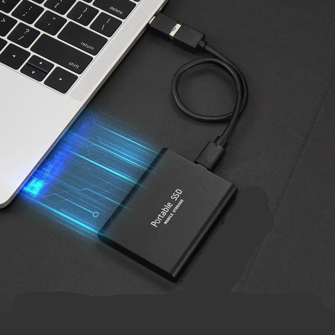 Universal 128GB External SSD, ultra-fast portable storage for data backup, shown in its sleek aluminum case.