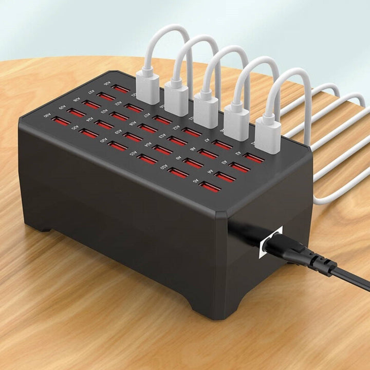 Universal 30-port USB charging station for multiple devices, ideal for offices, schools & homes.