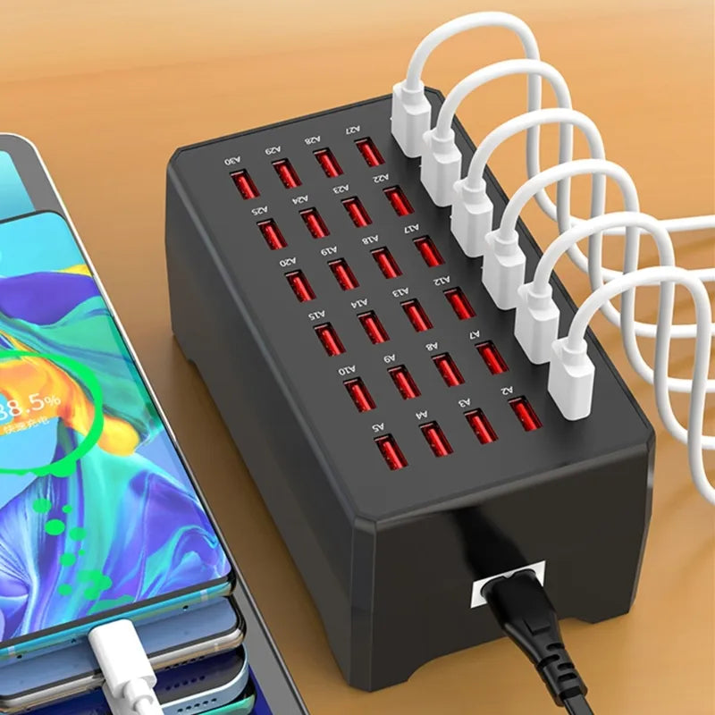 ChargeMax 30 multi-port USB charger, a fast-charging station to organize 30 devices in home or office.