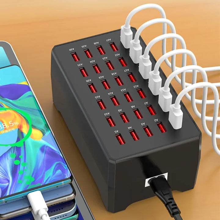 ChargeMax 30 multi-port USB charger, a fast-charging station to organize 30 devices in home or office.