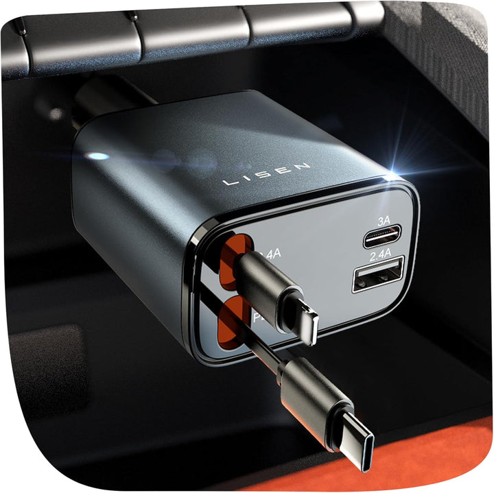 Universal 69W retractable USB car charger for fast mobile device charging in any vehicle.