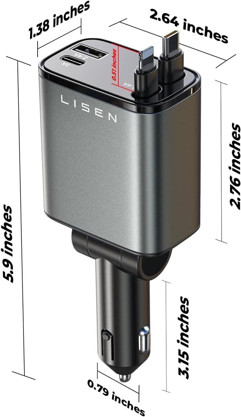 Practical 69W retractable USB car charger, universal fast charge mobile accessory for any car owner's needs.
