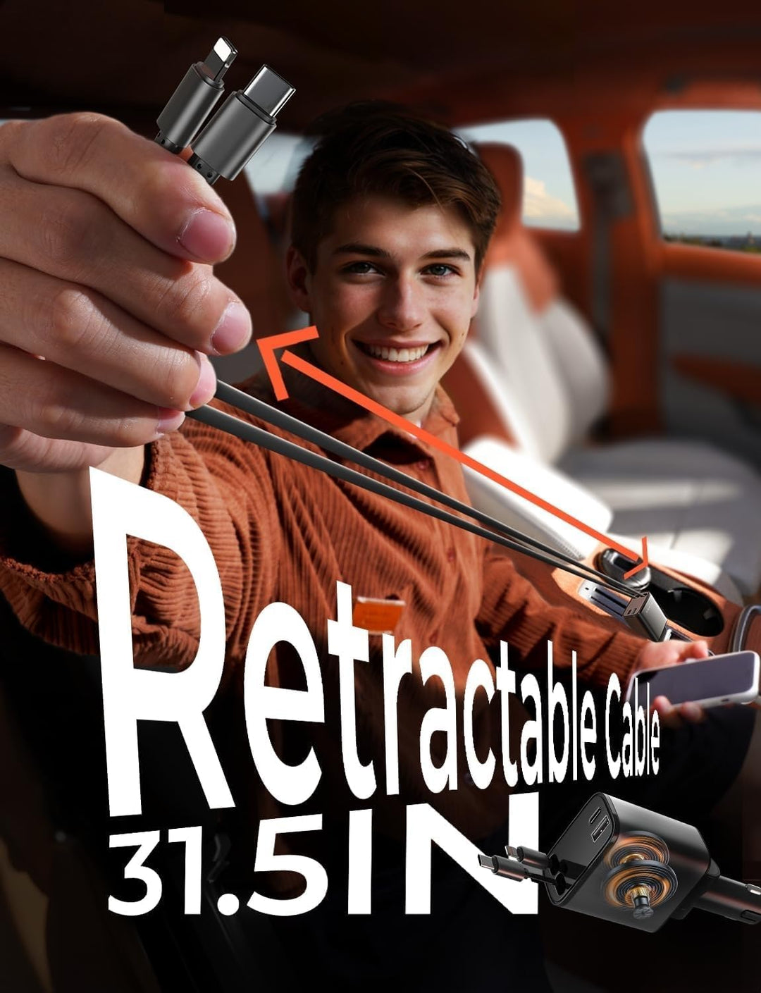 Fast charge 69W universal USB car charger with retractable cable for quick smartphone and tablet power on the road.
