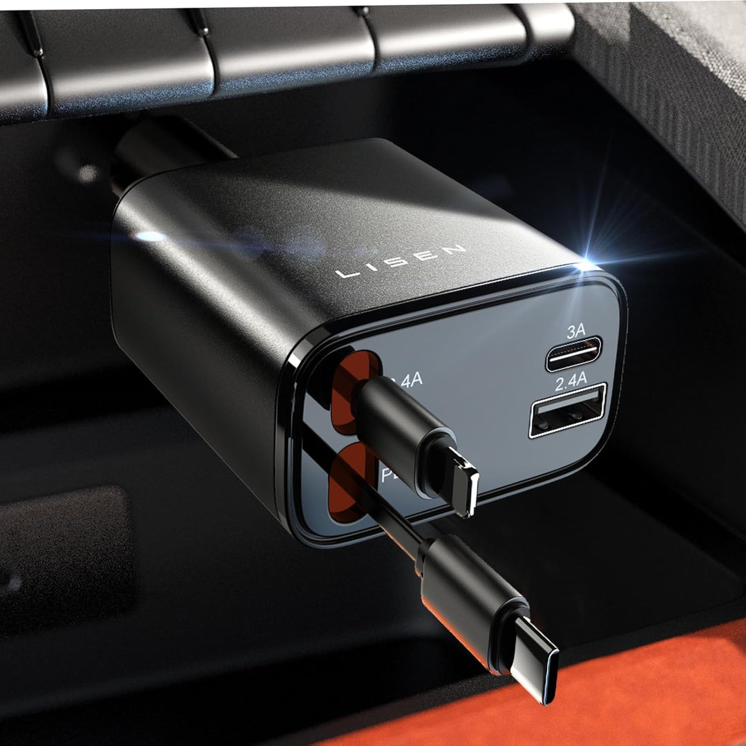 Universal 69W USB car charger, retractable cable, powers iPhone, Android, & other mobile tech gadgets quickly.