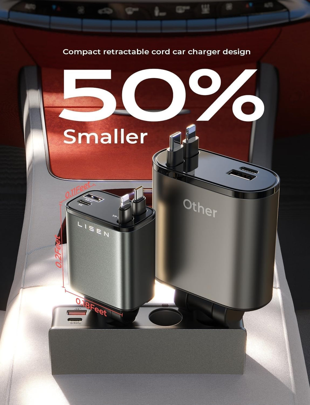 Essential 69W universal retractable USB car charger, a vehicle accessory for fast power for all mobile devices.