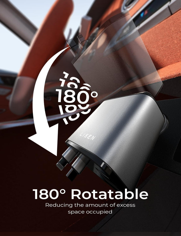 Compact 69W retractable USB car charger for convenient, tangle-free fast charging of all mobile devices in your car.