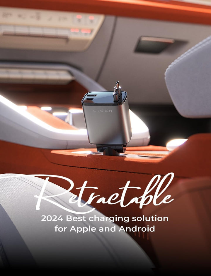 Powerful 69W universal retractable USB car charger ensures efficient, organized mobile device charging on the go.