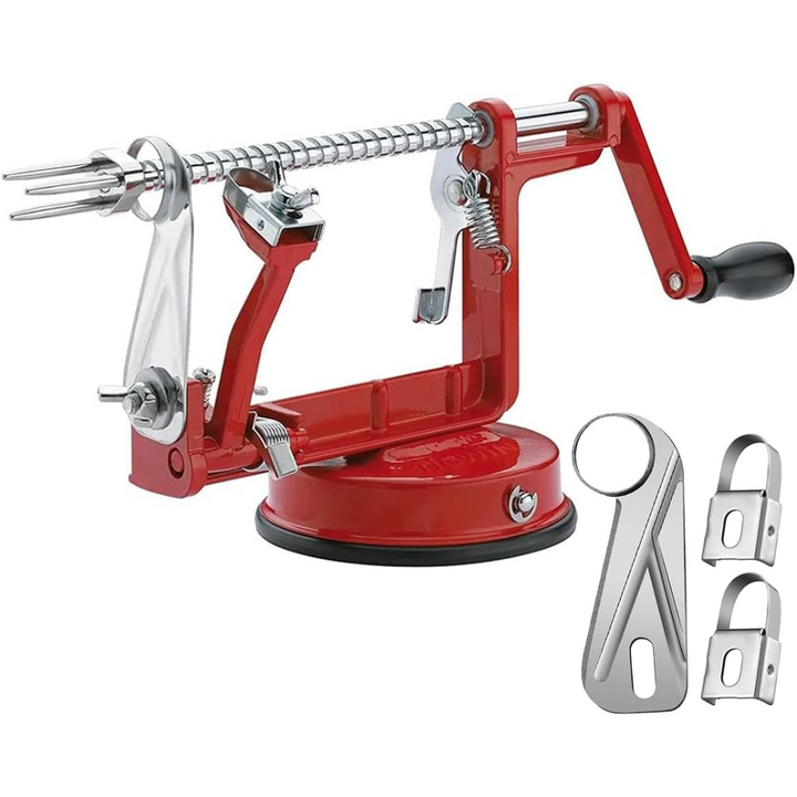 Overhead view of the apple peeler, showing its stable suction base and ready-to-use peeling arm.
