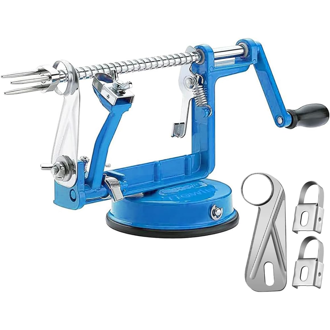 Stainless steel apple peeler in action, effortlessly peeling a crisp apple for quick meal preparation.