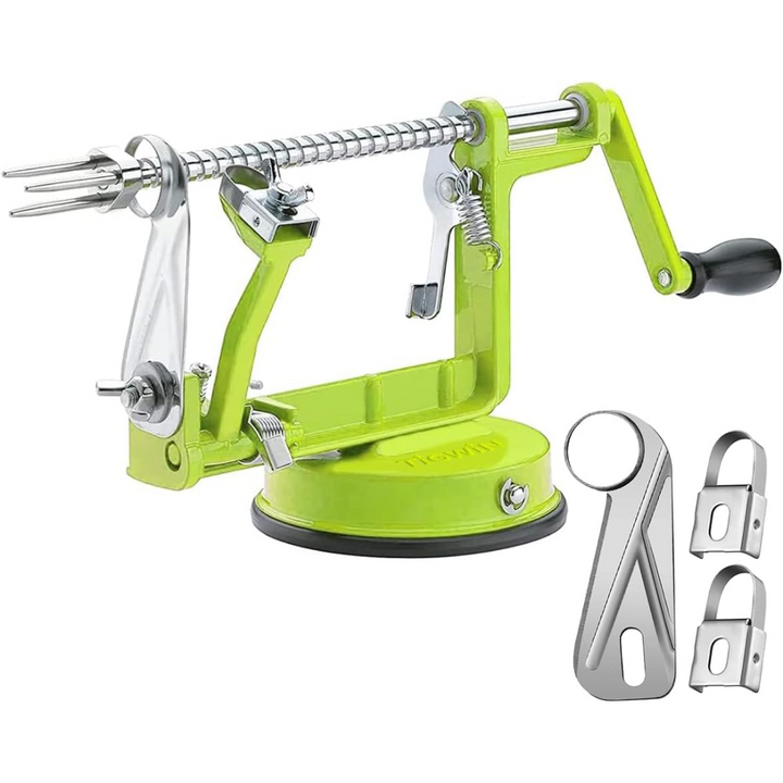 Multi-functional fruit corer and slicer tool, featuring a strong suction base for stable countertop use.