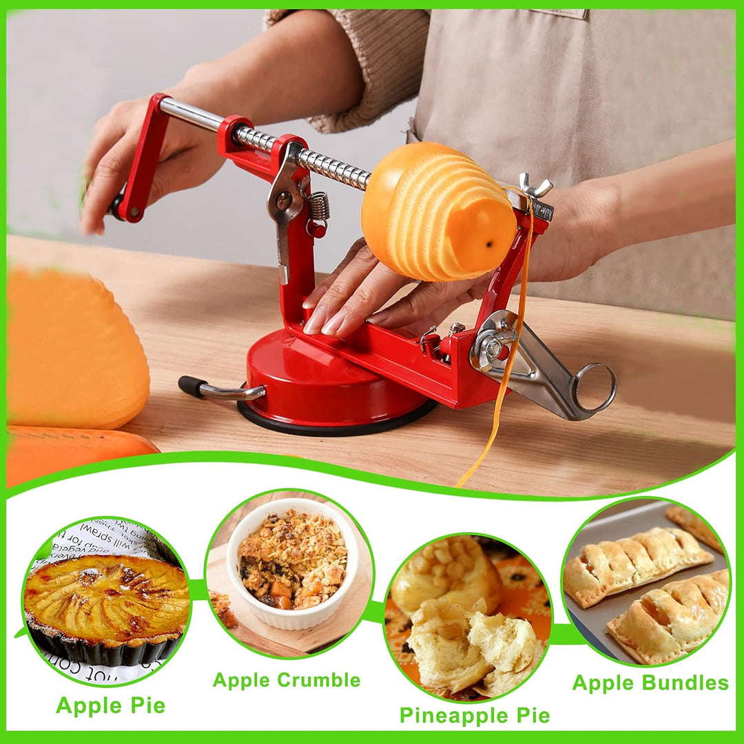 Perfectly peeled and spiral-sliced apple next to the CoreSlicer, showcasing easy fruit processing.