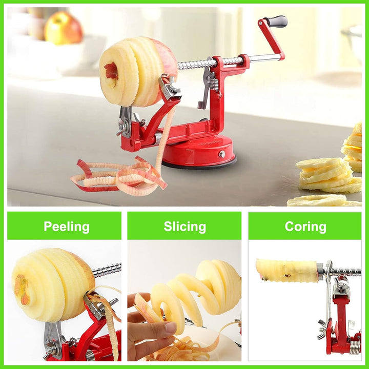 Apple peeler & slicer on a kitchen counter, ready to core and slice multiple apples with ease.