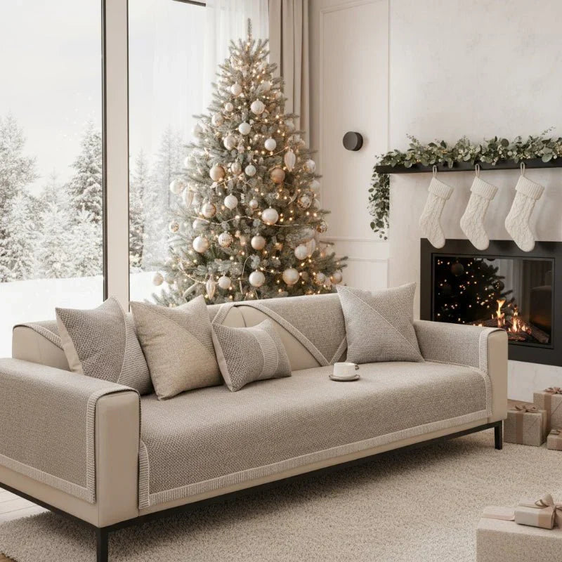 Universal cotton-linen non-slip sofa protector, all-season couch cover for living room furniture.