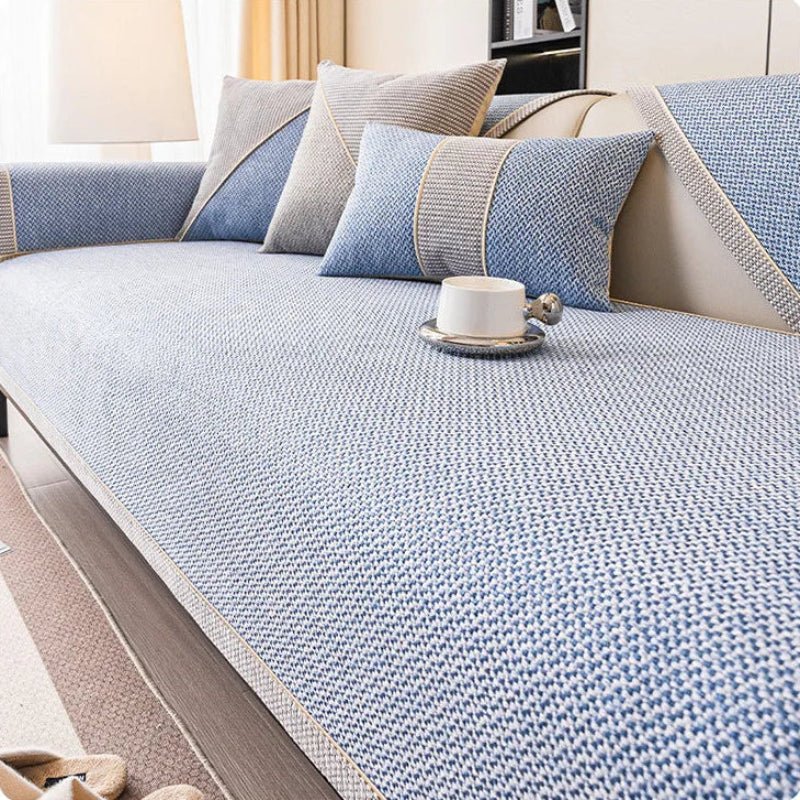 Comfortable cotton-linen non-slip sofa protector, soft couch cover for cozy, protected furniture.