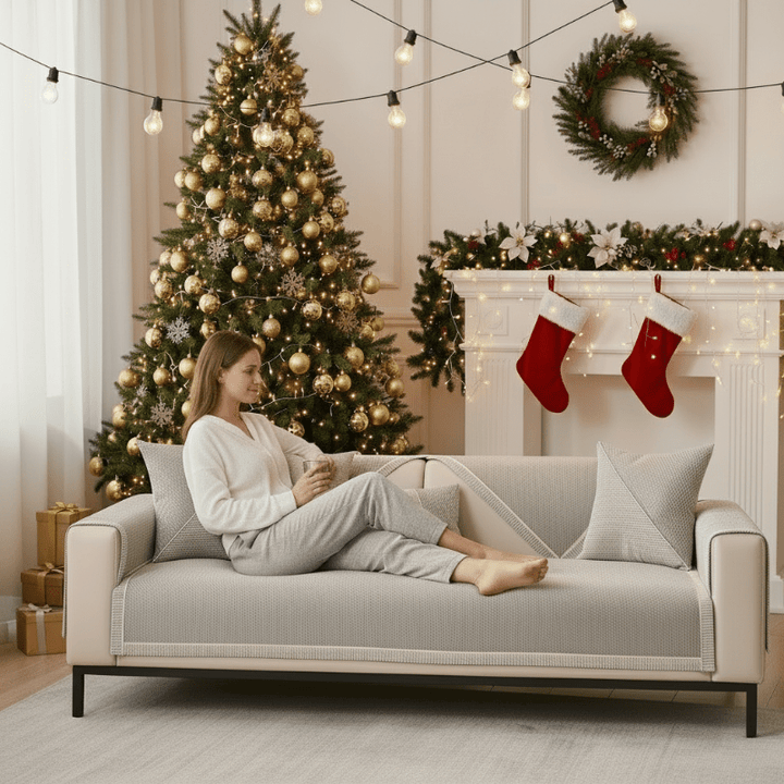 Soft cotton-linen non-slip sofa cover protects furniture from spills and wear, pet-friendly shield.
