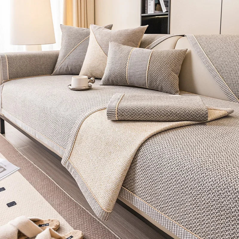 Non-slip cotton-linen sofa shield for sectional couches, universal fit, all-season home decor.