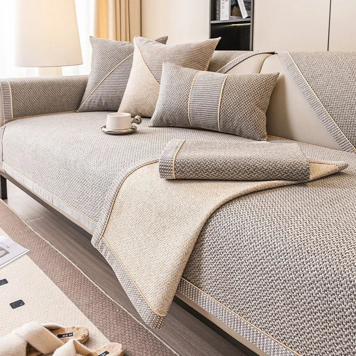 Non-slip cotton-linen sofa shield for sectional couches, universal fit, all-season home decor.