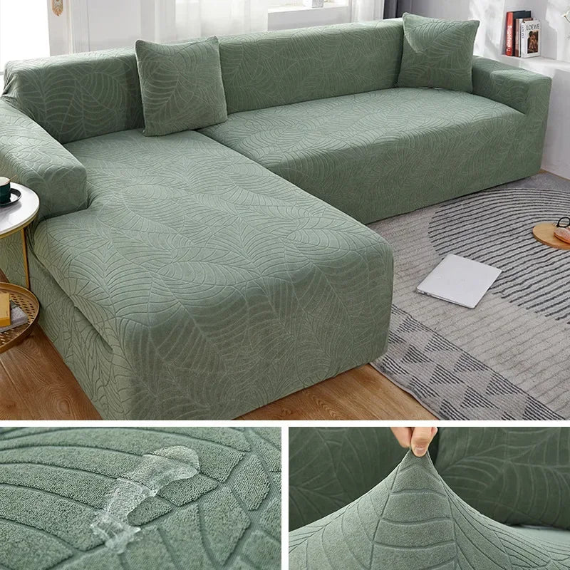 Stretch L-shape sofa cover, durable polyester, pet-friendly & washable furniture protector for home decor.