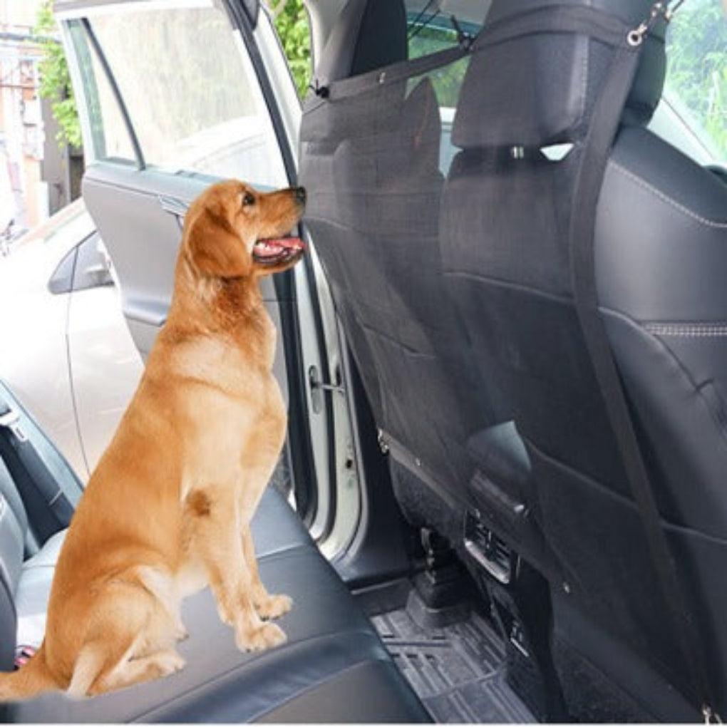 Universal pet car barrier with mesh for safe dog travel, adjustable straps fit most vehicles