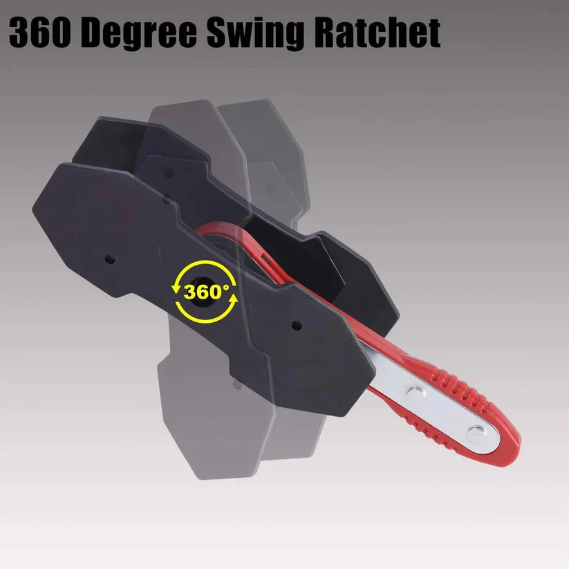 Automotive ratchet caliper tool for compressing pistons during disc brake service & maintenance.