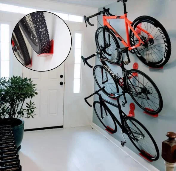 Universal wall-mounted bike hanger rack for space-saving bicycle storage & garage organization.