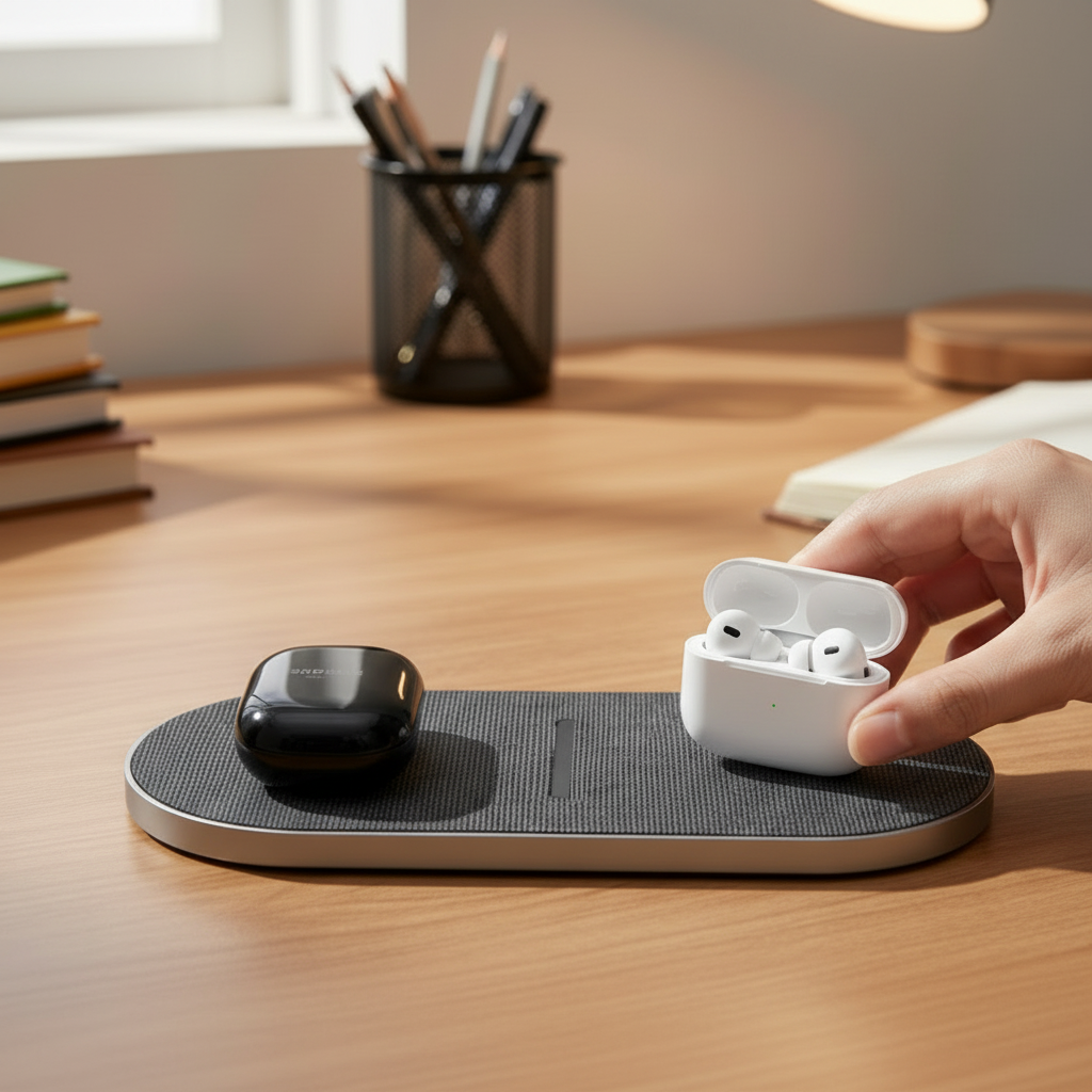 Sleek wireless charging pad providing fast power to iPhone and Samsung Galaxy devices. Essential desk gadget.