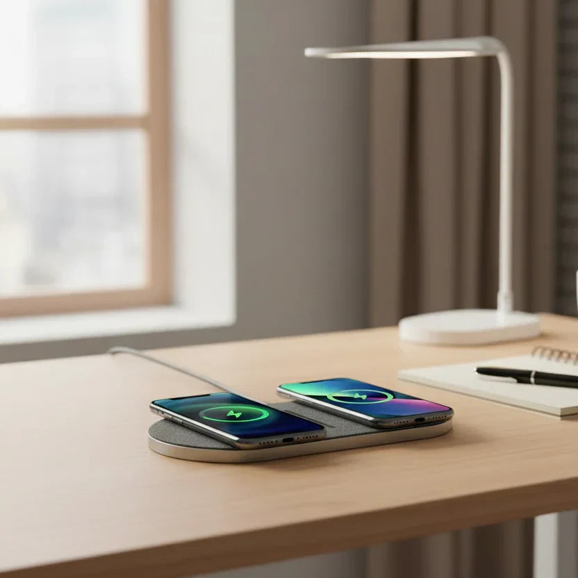 Modern Qi wireless charger for quickly powering up smartphones and AirPods. Perfect compact desk accessory.