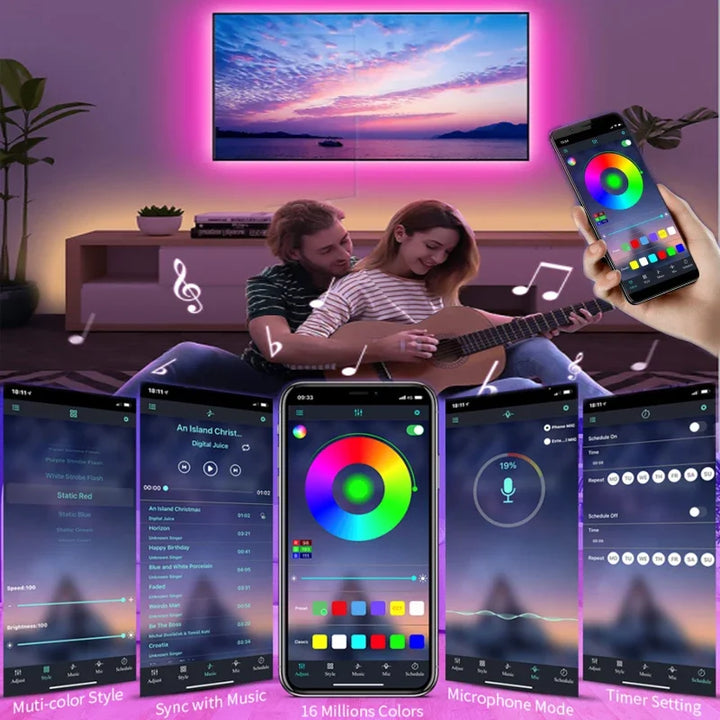 Dynamic RGB LED strip, USB powered, enhancing room aesthetics & TV experience.