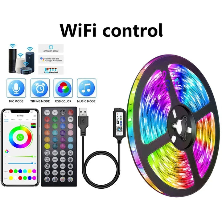 Aesthetic RGB LED strip lighting, USB powered, perfect for ambient room decor & TV glow.