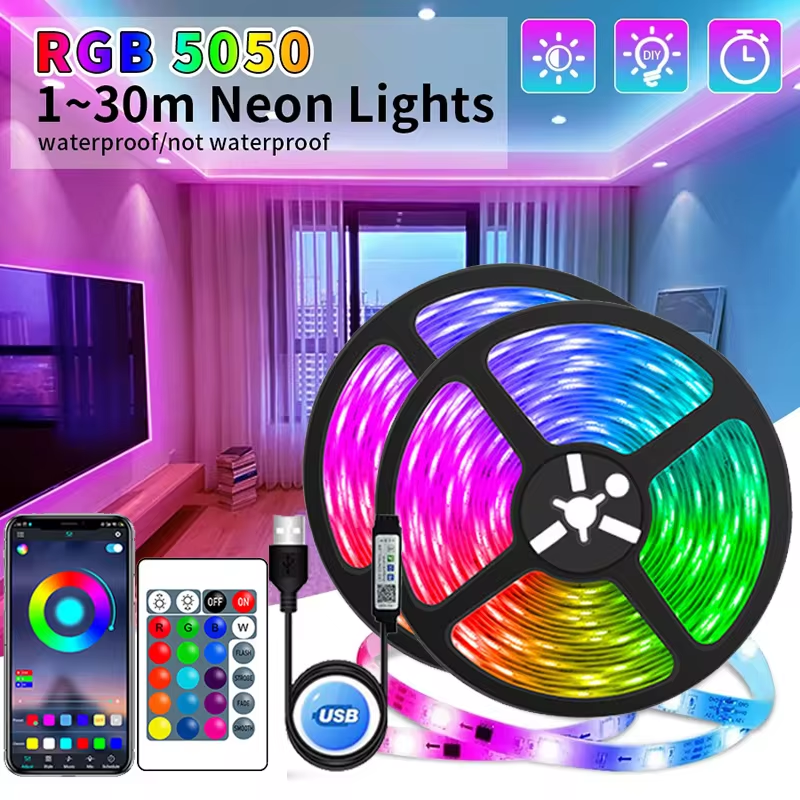 Flexible RGB LED strip for vibrant room decor, creating ambient mood lighting. USB powered.