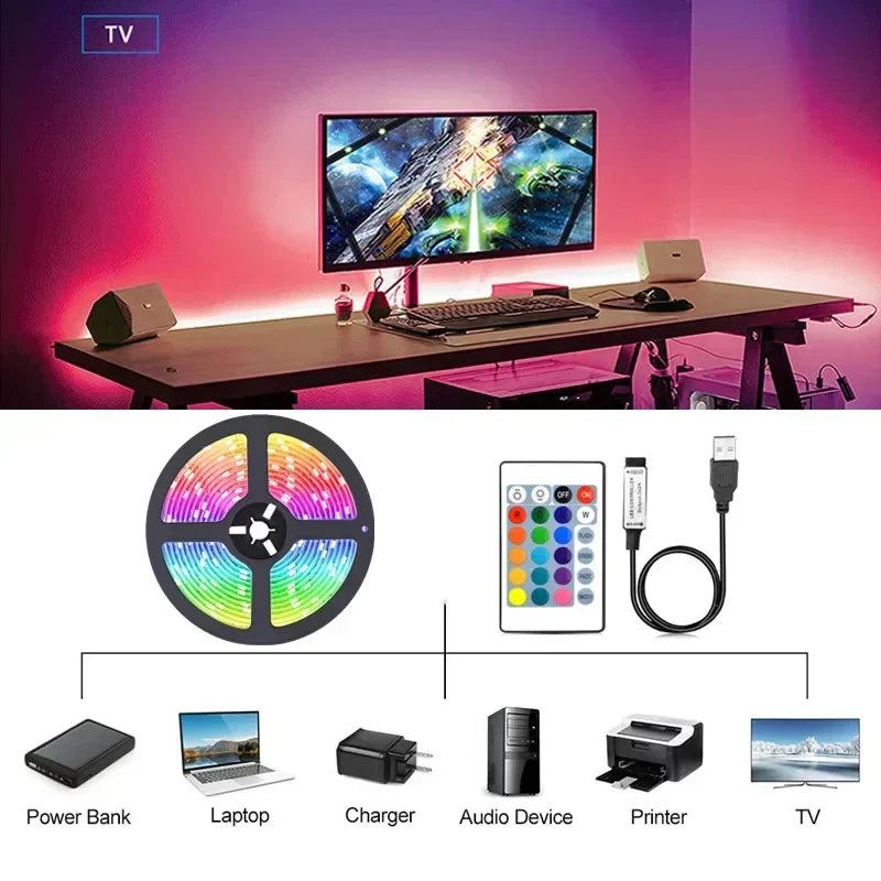 Flexible RGB LED strip with multiple colors, USB powered for easy installation in any room.