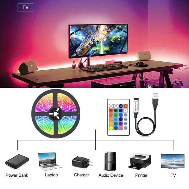 Flexible RGB LED strip with multiple colors, USB powered for easy installation in any room.