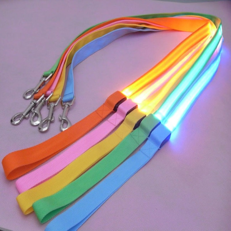 Dog walking with a visible LED leash at night, enhancing pet safety.