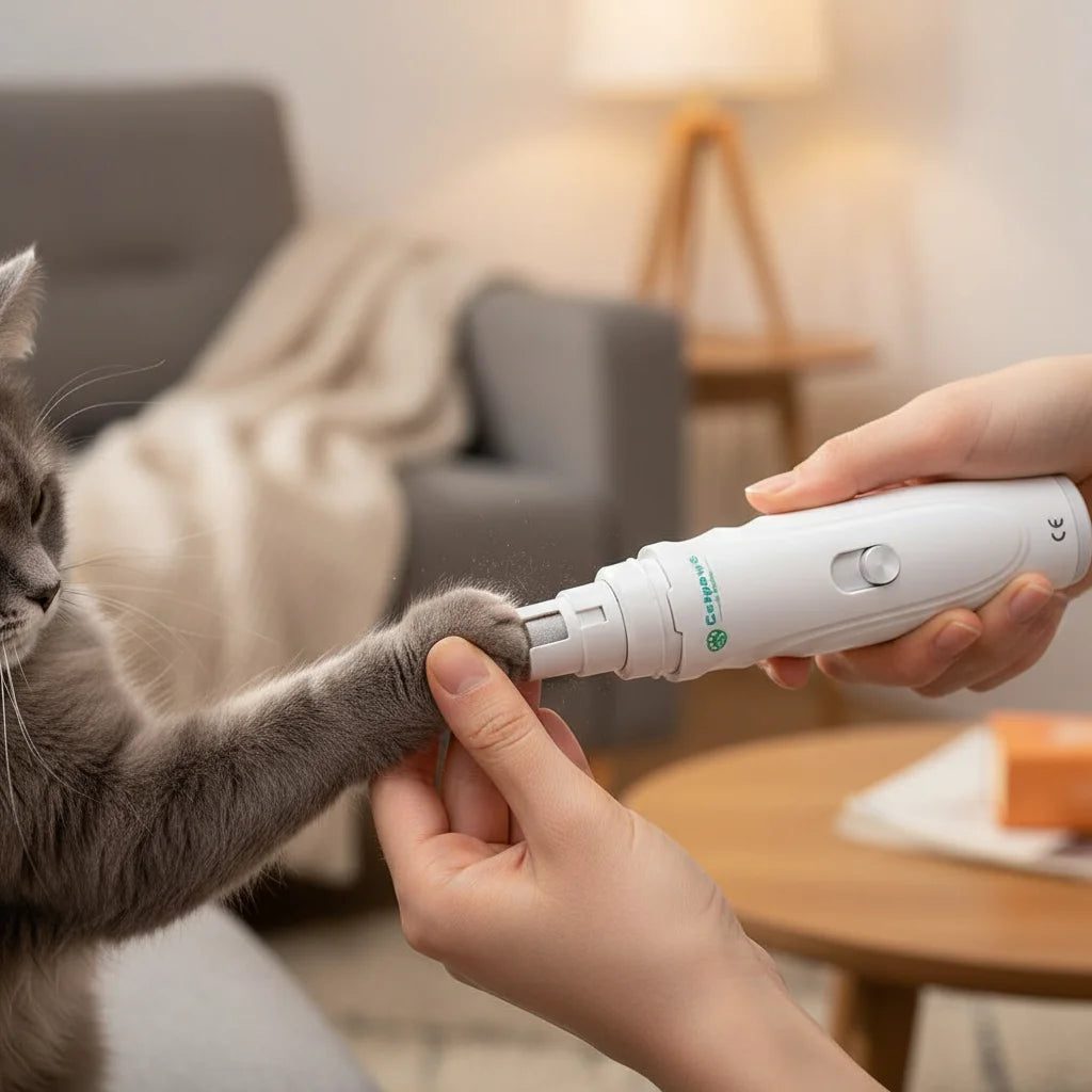 USB rechargeable quiet pet nail grinder for dogs and cats, showcasing diamond bit for gentle grooming.