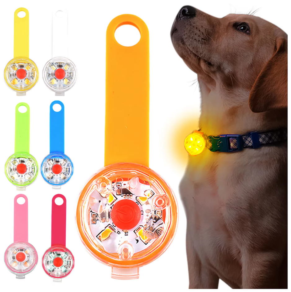 Close-up of LED pet safety light, USB rechargeable and waterproof for outdoor pet gear