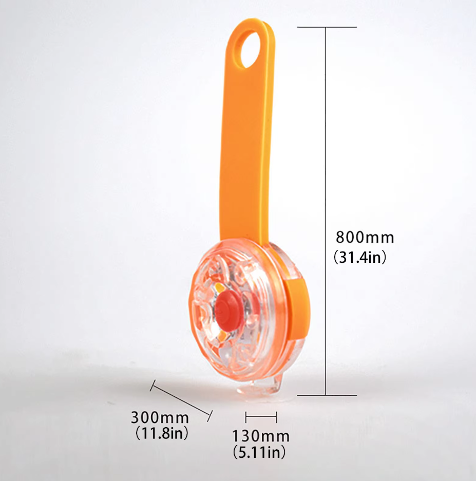 USB rechargeable pet light, highlighting its compact size for easily attaching to any leash or collar