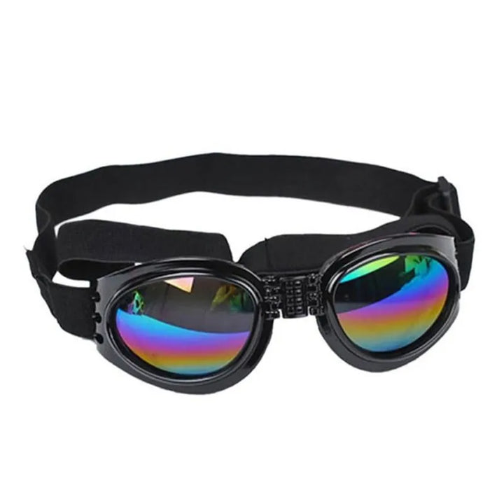 Detail of adjustable strap on UV protective dog goggles, ensuring a snug and secure fit